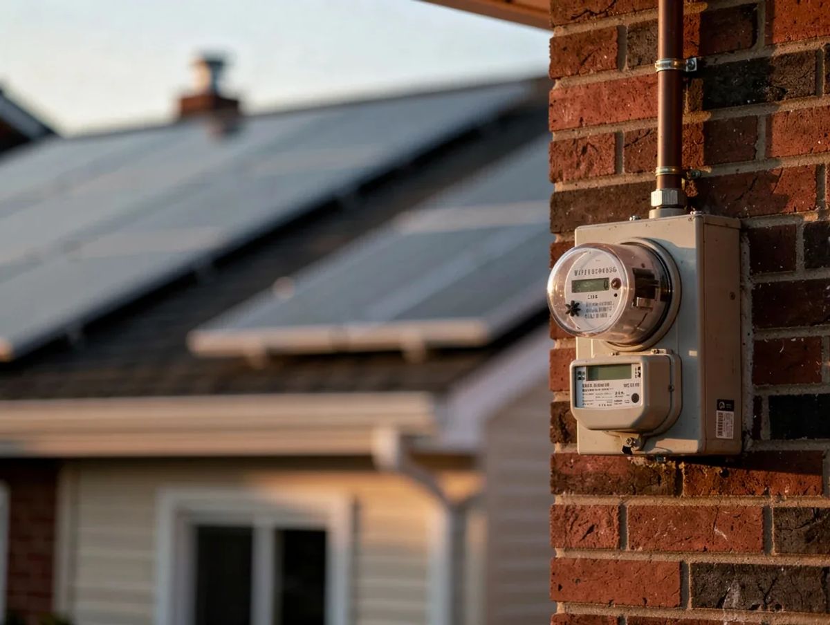 Close-up of a residential electric meter next to a DC rowhouse with solar panels visible on the roof in the background