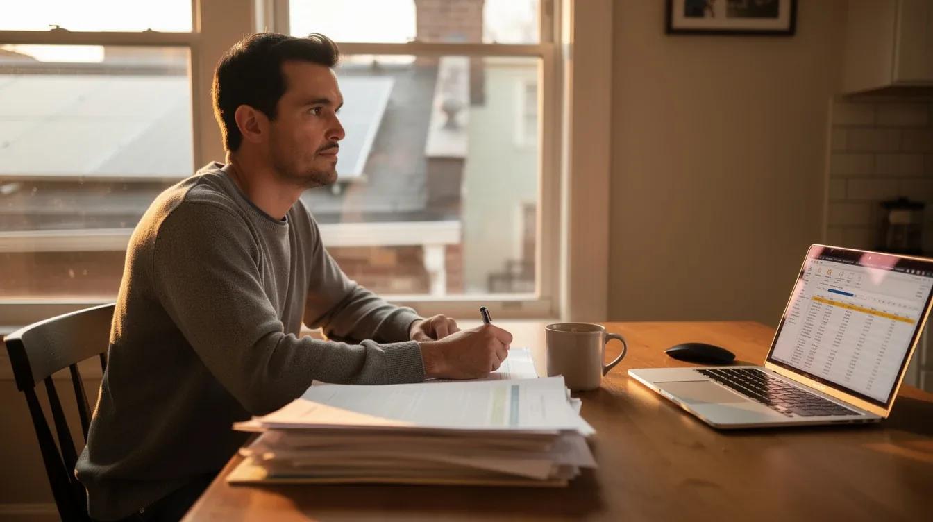 DC homeowner reviewing solar contract documents at a kitchen table with solar panels visible through the window
