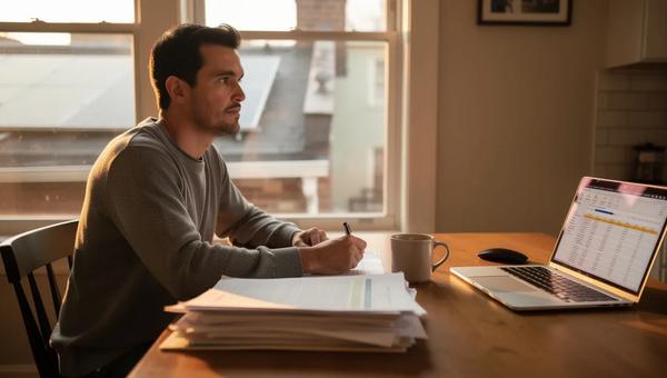 DC homeowner reviewing solar contract documents at a kitchen table with solar panels visible through the window