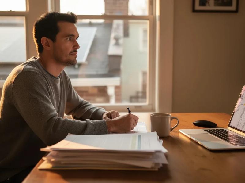 DC homeowner reviewing solar contract documents at a kitchen table with solar panels visible through the window