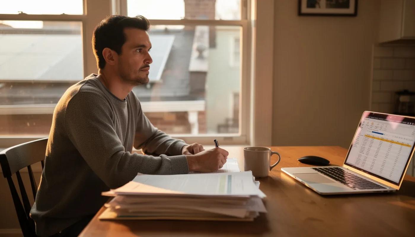 DC homeowner reviewing solar contract documents at a kitchen table with solar panels visible through the window