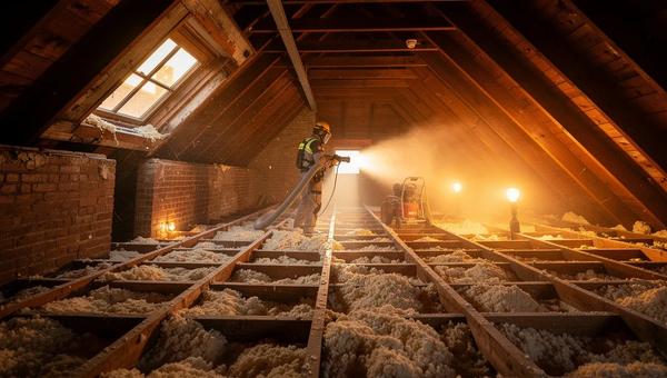 DC rowhouse attic with blown-in insulation installation, comparing home insulation and solar panel payback in Washington DC 2026