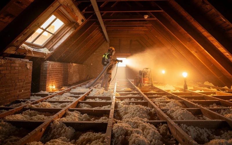 DC rowhouse attic with blown-in insulation installation, comparing home insulation and solar panel payback in Washington DC 2026