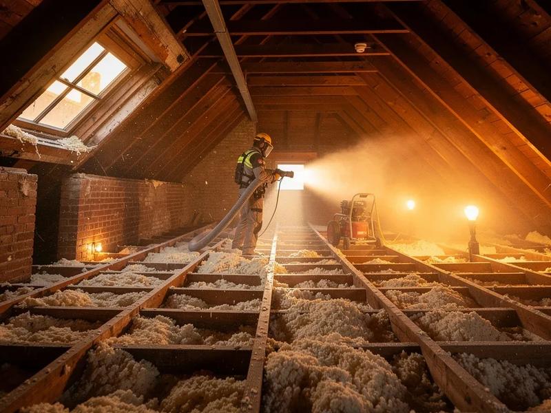 DC rowhouse attic with blown-in insulation installation, comparing home insulation and solar panel payback in Washington DC 2026