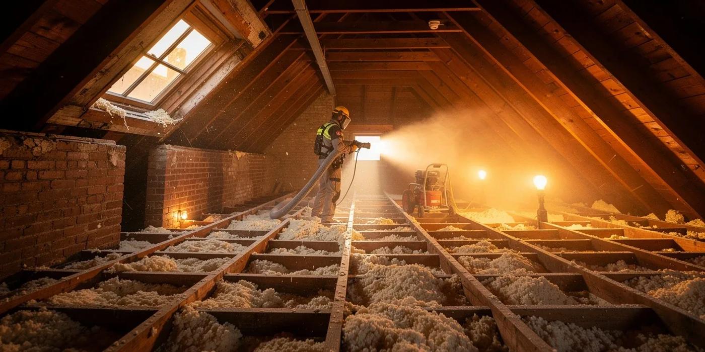 DC rowhouse attic with blown-in insulation installation, comparing home insulation and solar panel payback in Washington DC 2026