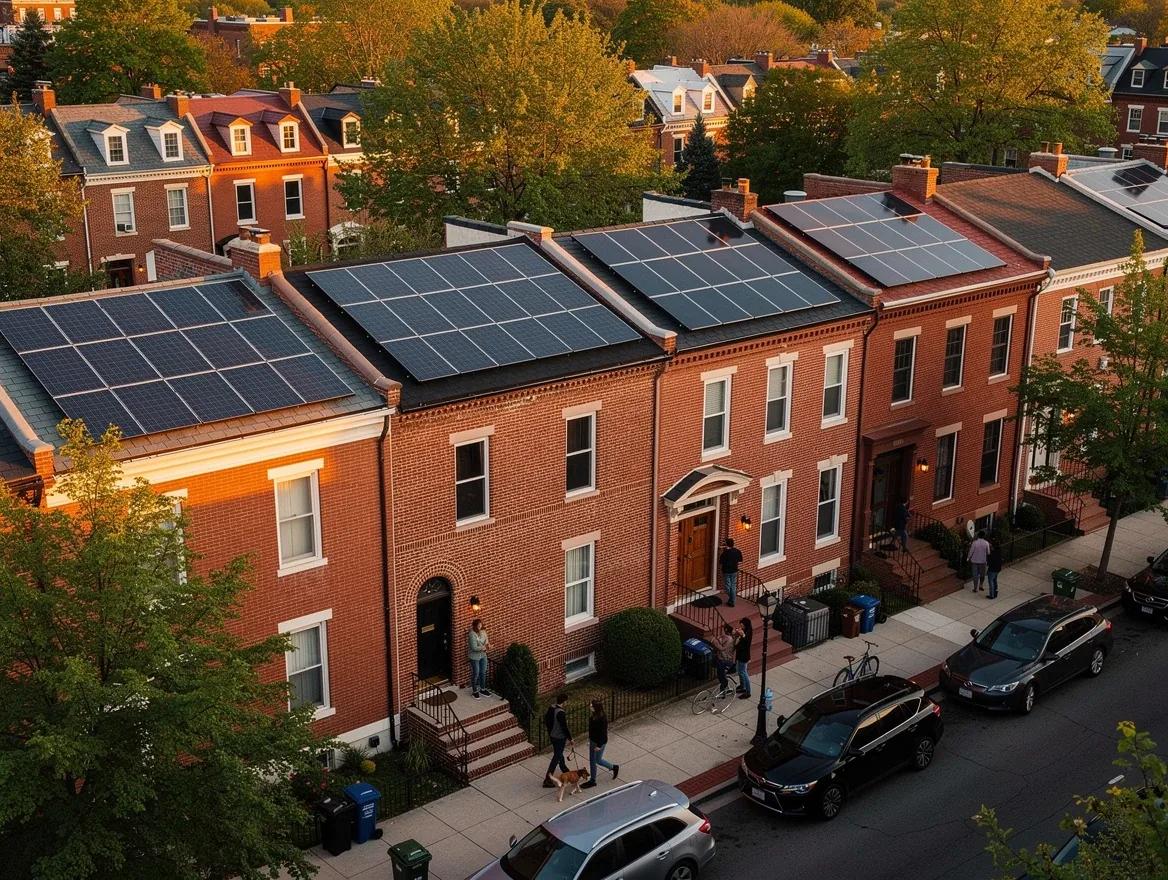 Aerial view of DC residential neighborhood with solar panels on row house rooftops, illustrating DC solar permit process