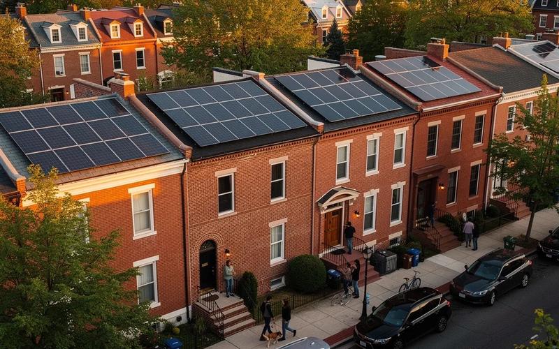 Aerial view of DC residential neighborhood with solar panels on row house rooftops, illustrating DC solar permit process