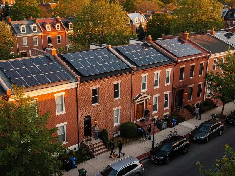 Aerial view of DC residential neighborhood with solar panels on row house rooftops, illustrating DC solar permit process
