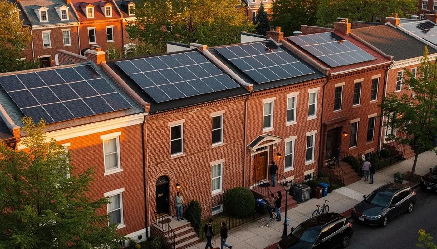 Aerial view of DC residential neighborhood with solar panels on row house rooftops, illustrating DC solar permit process