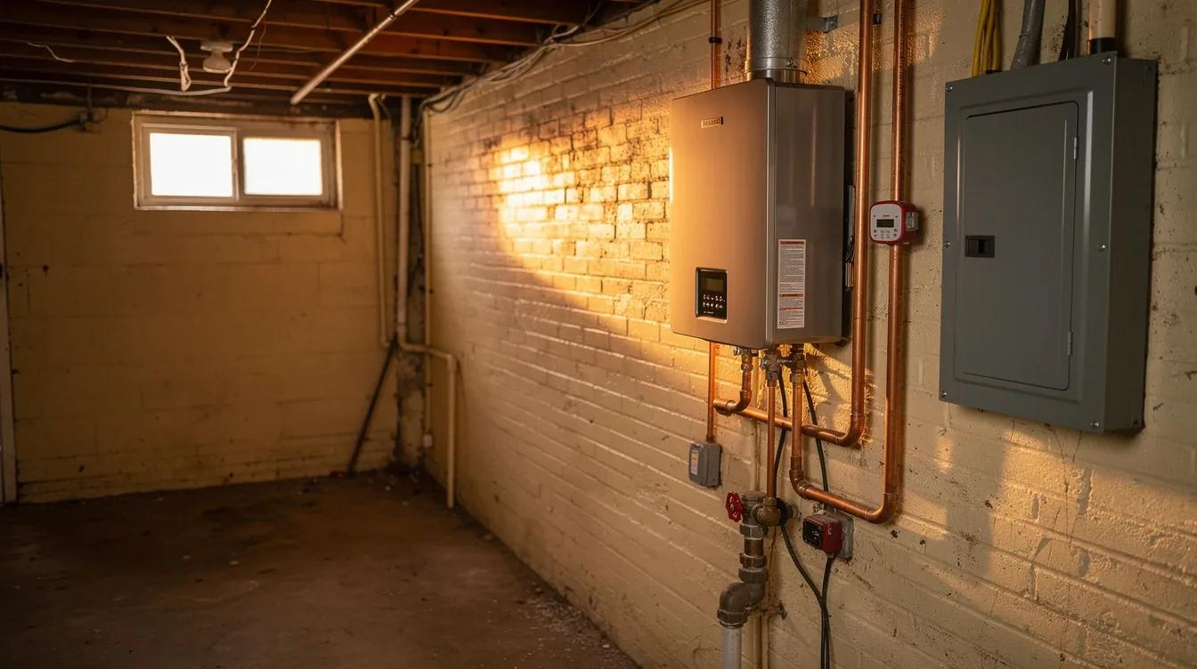 Tankless water heater installed in a DC rowhouse utility room alongside an electrical panel