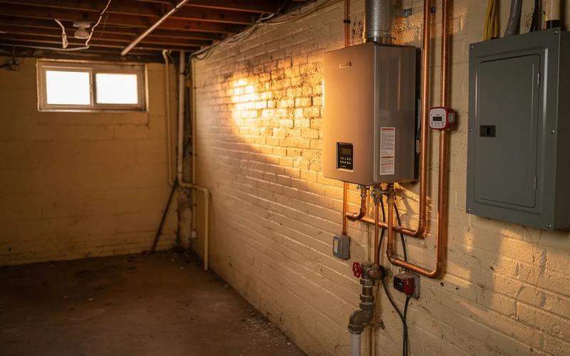 Tankless water heater installed in a DC rowhouse utility room alongside an electrical panel