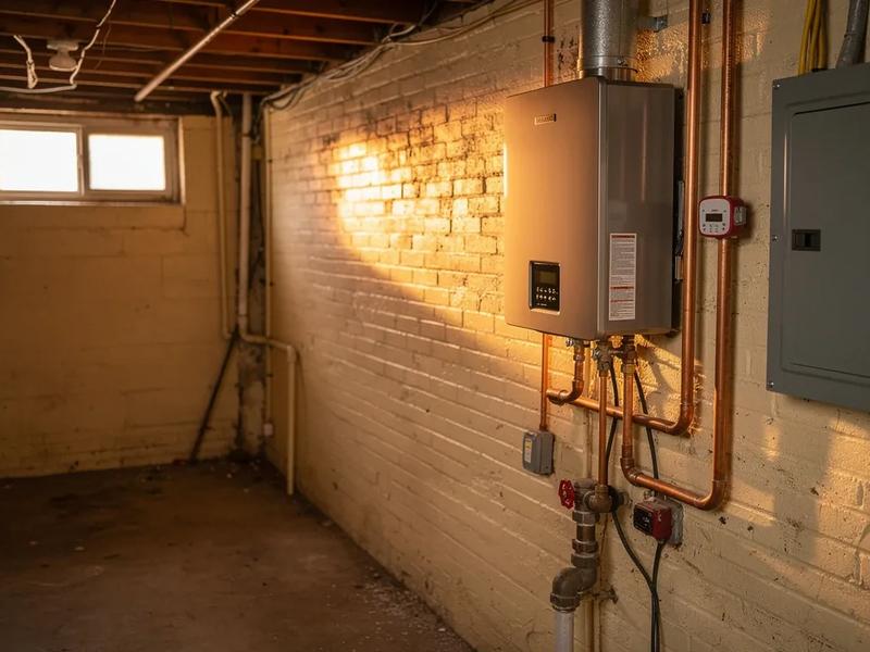 Tankless water heater installed in a DC rowhouse utility room alongside an electrical panel