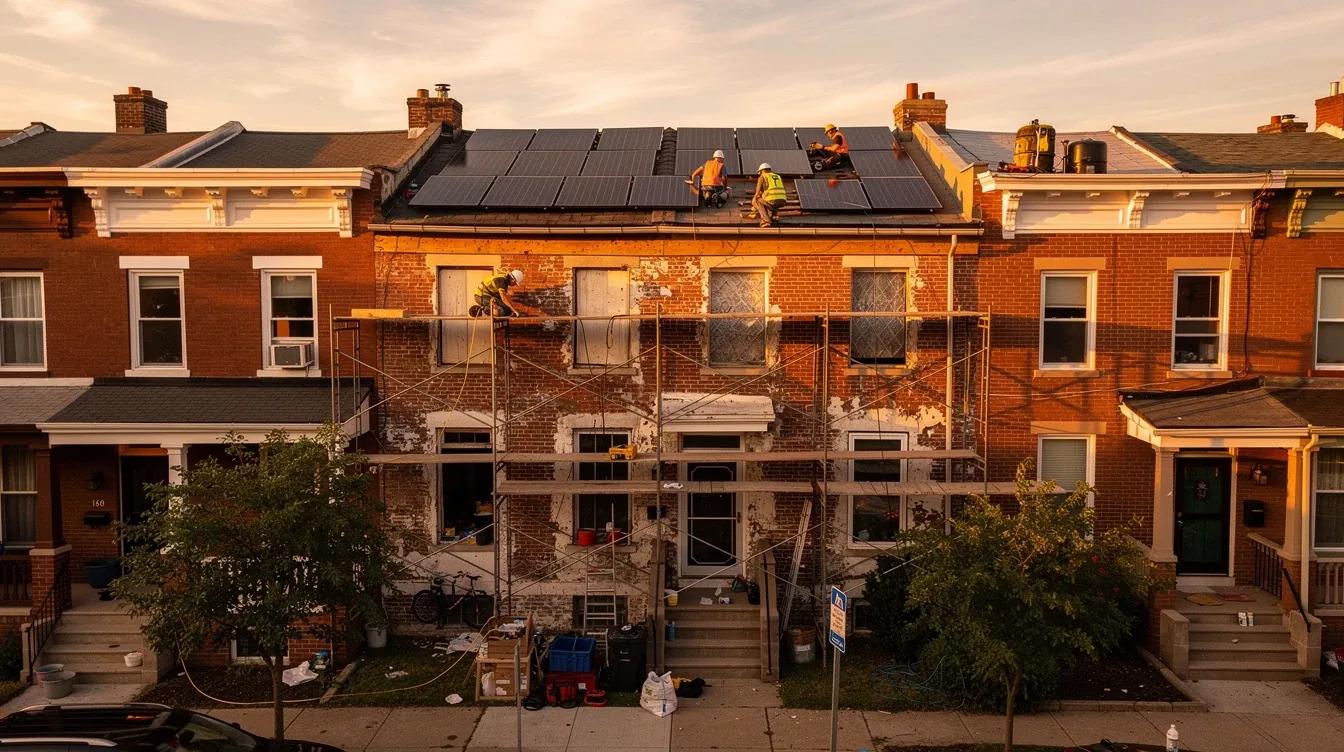 DC row house renovation sequencing guide — solar panels installed on a Bloomingdale row house roof
