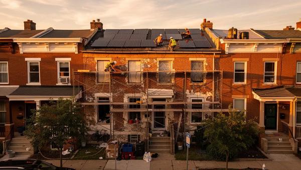 DC row house renovation sequencing guide — solar panels installed on a Bloomingdale row house roof