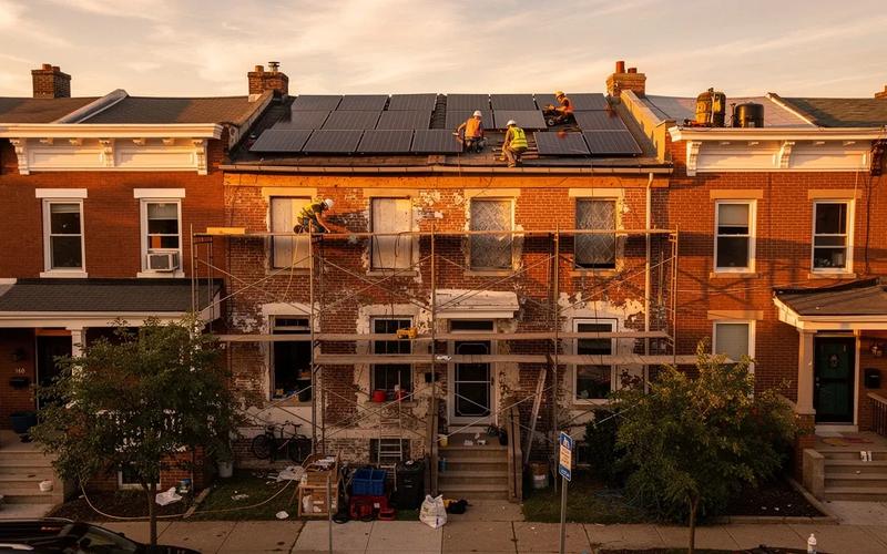 DC row house renovation sequencing guide — solar panels installed on a Bloomingdale row house roof