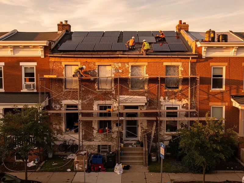 DC row house renovation sequencing guide — solar panels installed on a Bloomingdale row house roof