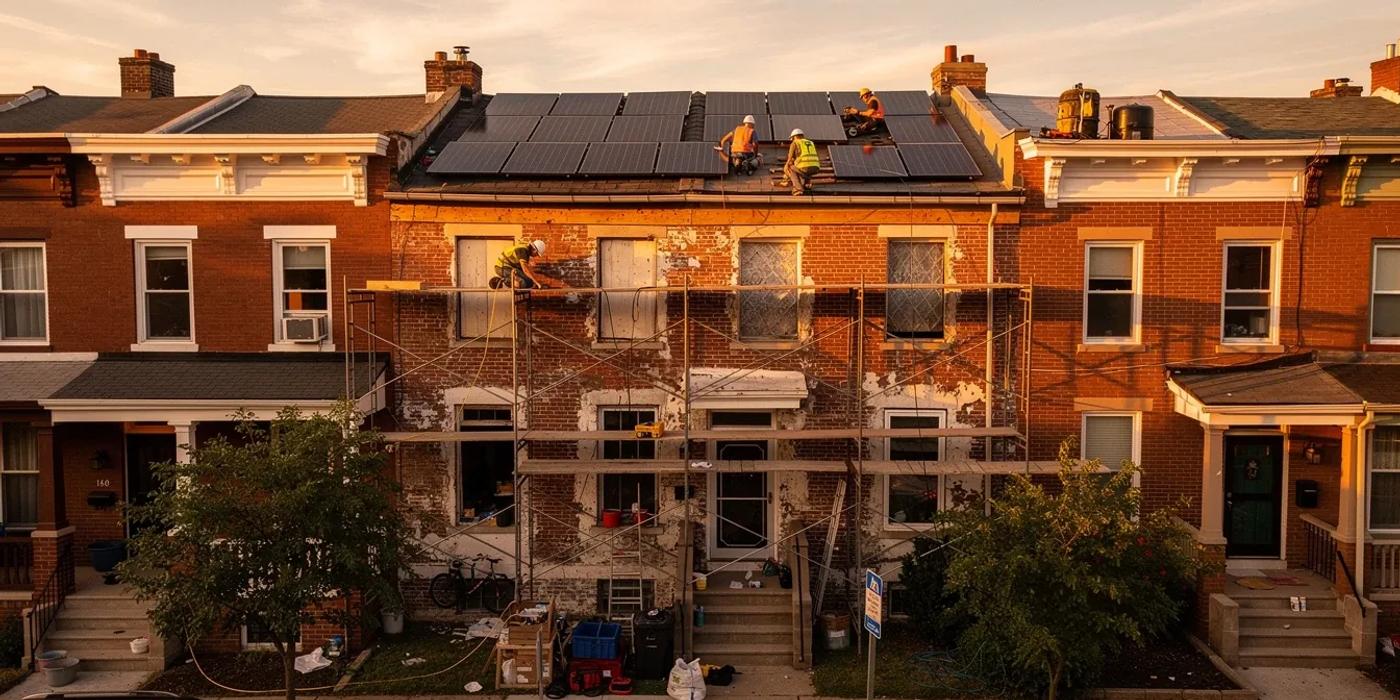 DC row house renovation sequencing guide — solar panels installed on a Bloomingdale row house roof