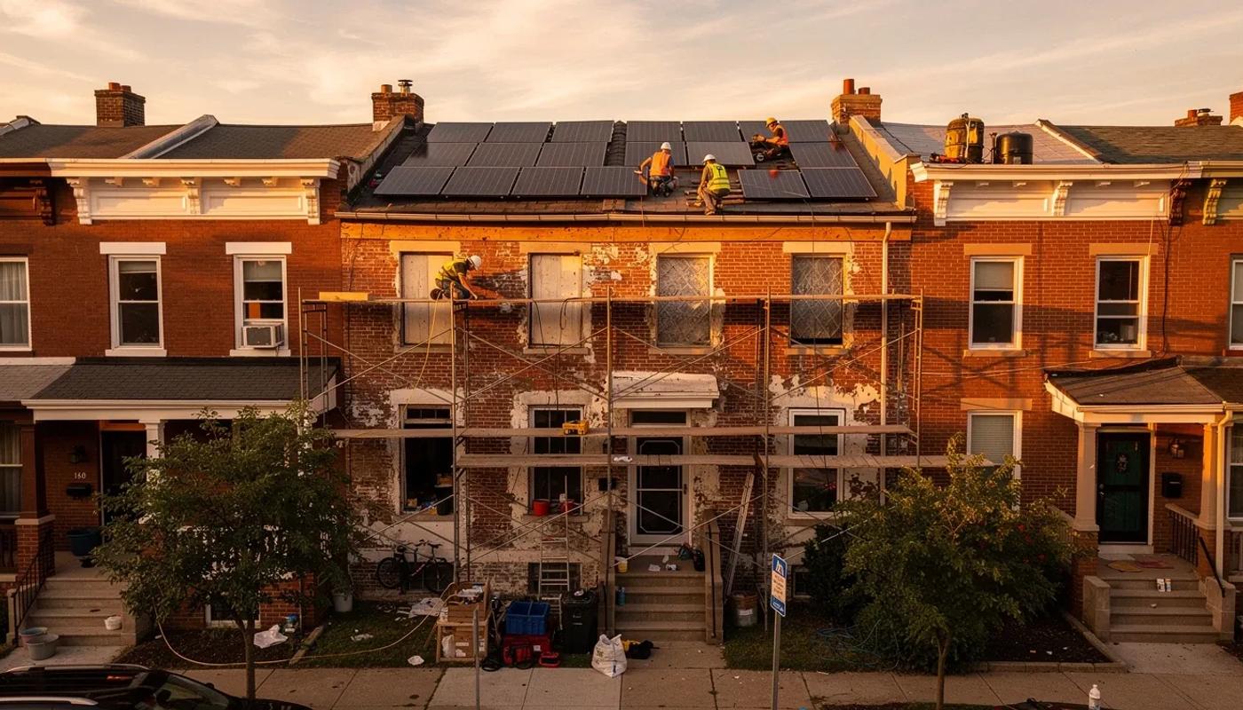 DC row house renovation sequencing guide — solar panels installed on a Bloomingdale row house roof