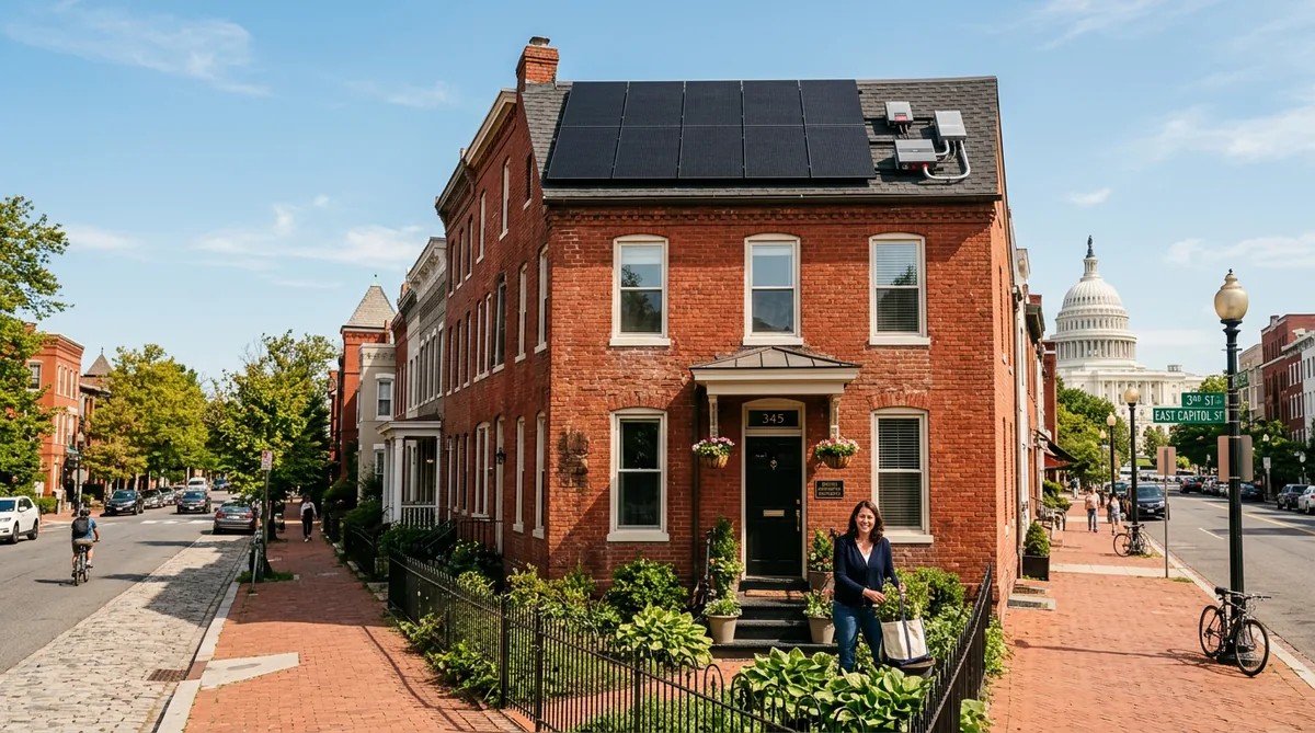 Solar panels installed on a classic red-brick Washington DC row house, bright sunny day, Capitol Hill neighborhood streetscape visible, photorealistic editorial