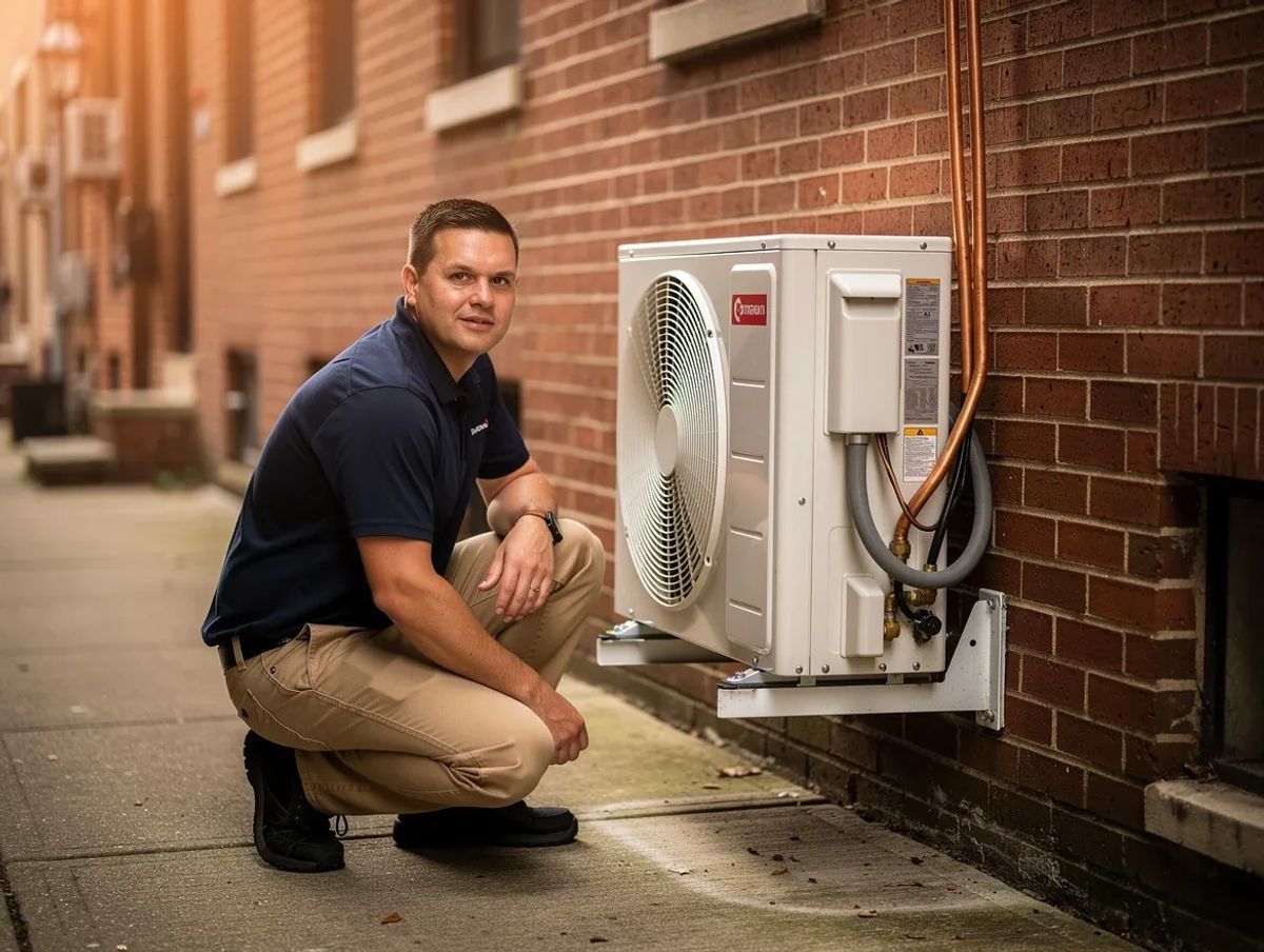 HVAC technician installing heat pump outdoor unit at Washington DC row house