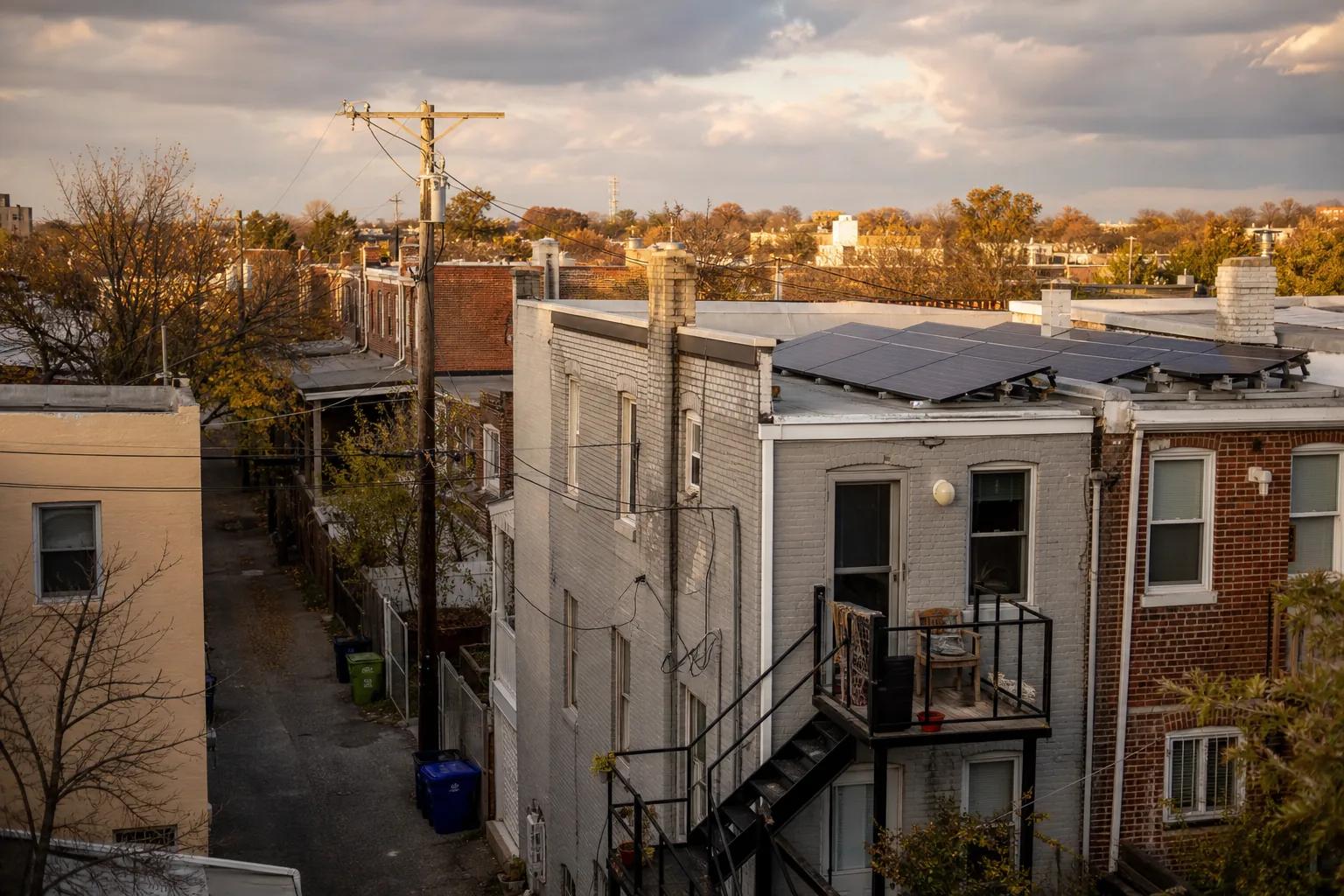 Washington DC rowhouse rooftops with solar panels, tied to DC SRECs value in 2026