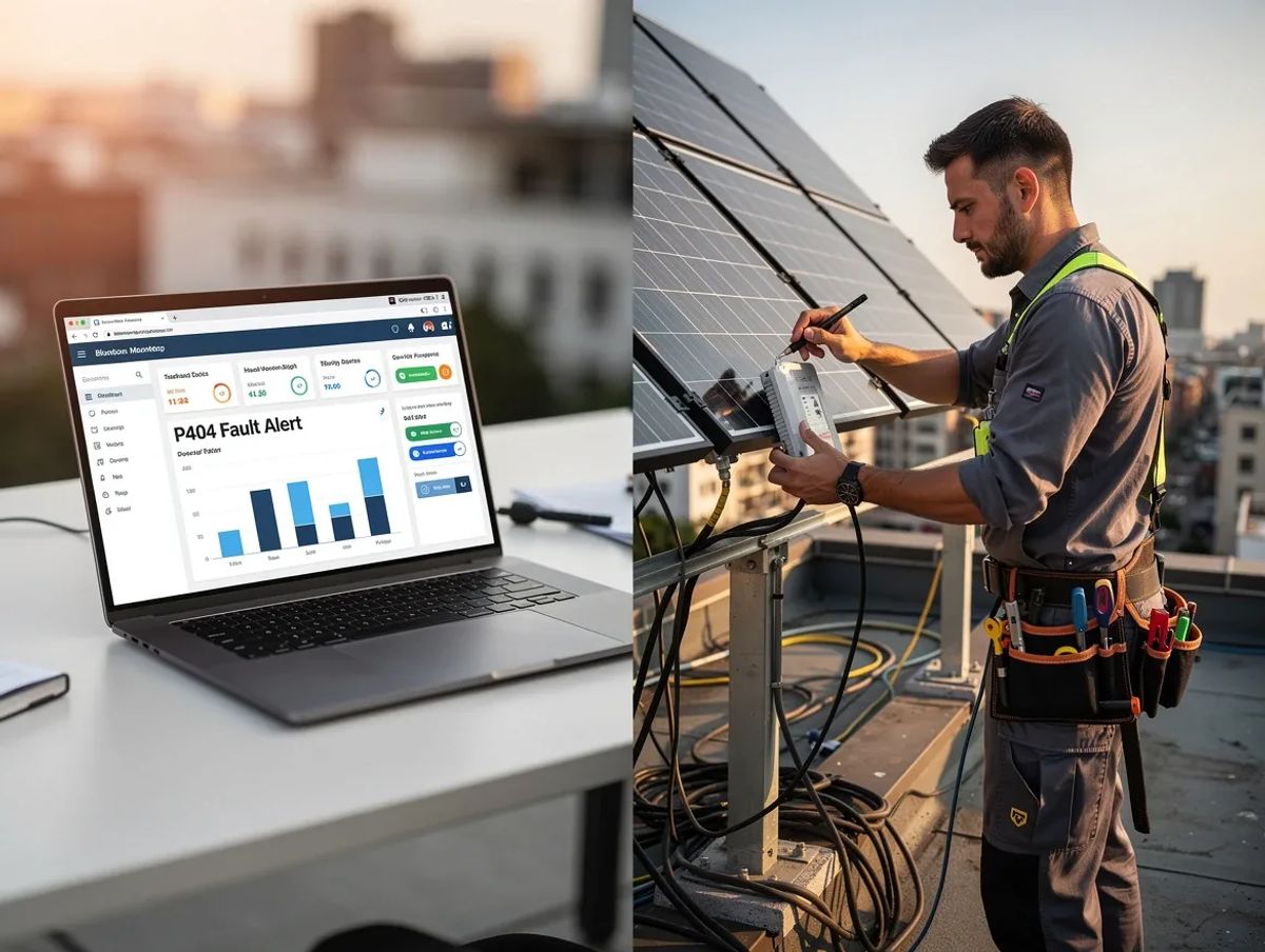 Split image: left side shows a monitoring dashboard on a laptop displaying a P404 fault alert; right side shows a technician on a rooftop replacing a power optimizer. Clean, professional, photorealistic.