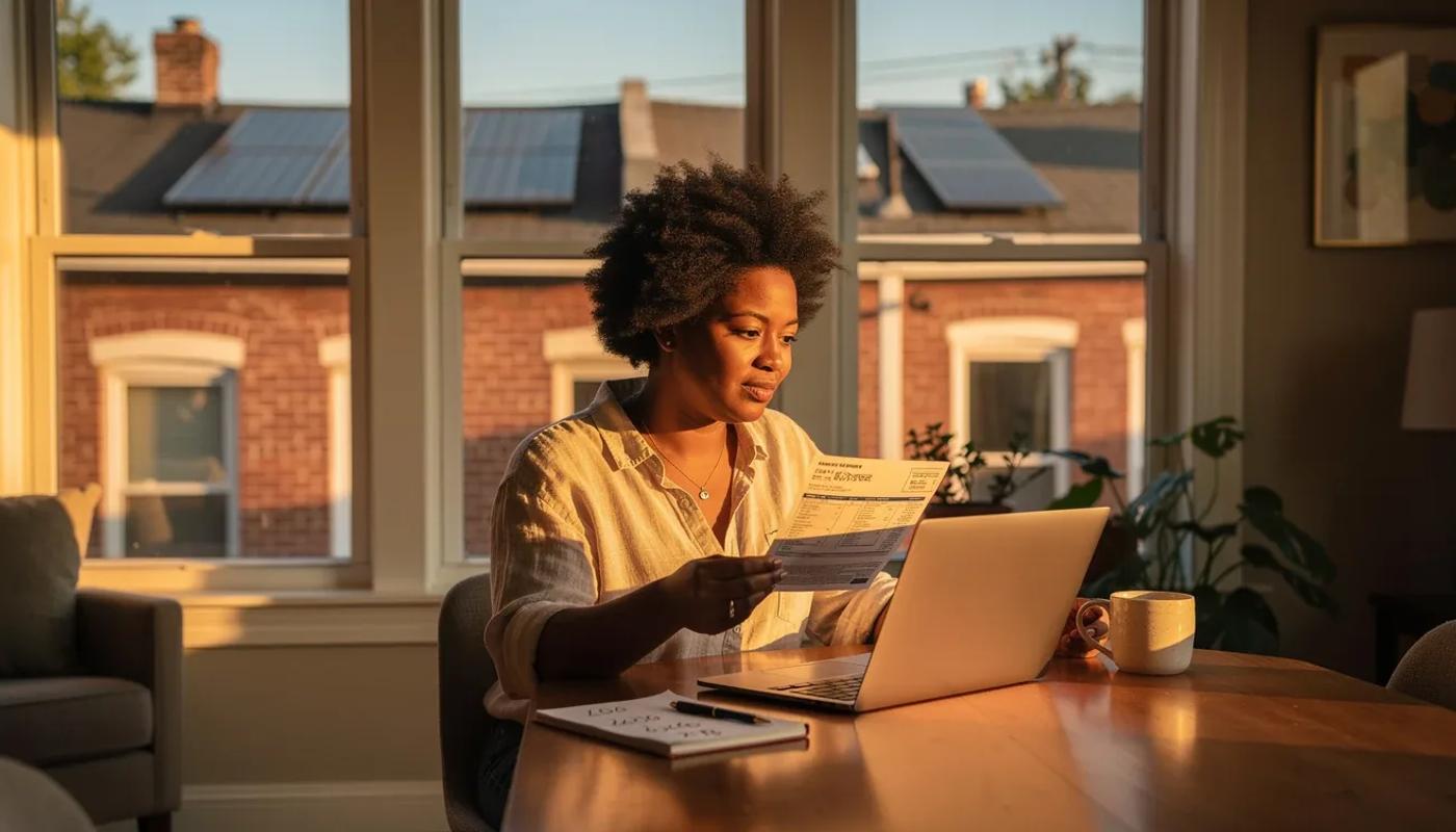 Solar panels on a DC row house rooftop with Pepco net metering credits reducing the monthly bill