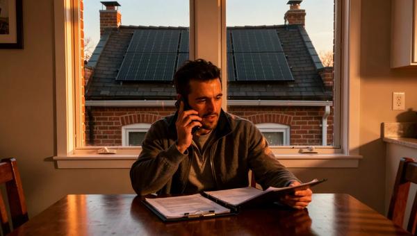 DC homeowner on a phone call reviewing solar installation paperwork at a kitchen table, solar panels visible through the window on a neighboring row house rooftop
