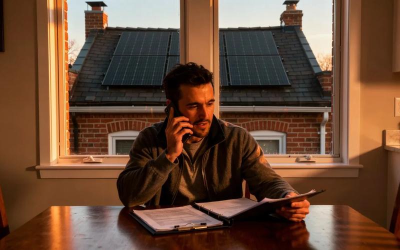 DC homeowner on a phone call reviewing solar installation paperwork at a kitchen table, solar panels visible through the window on a neighboring row house rooftop