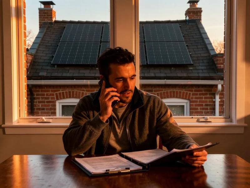 DC homeowner on a phone call reviewing solar installation paperwork at a kitchen table, solar panels visible through the window on a neighboring row house rooftop