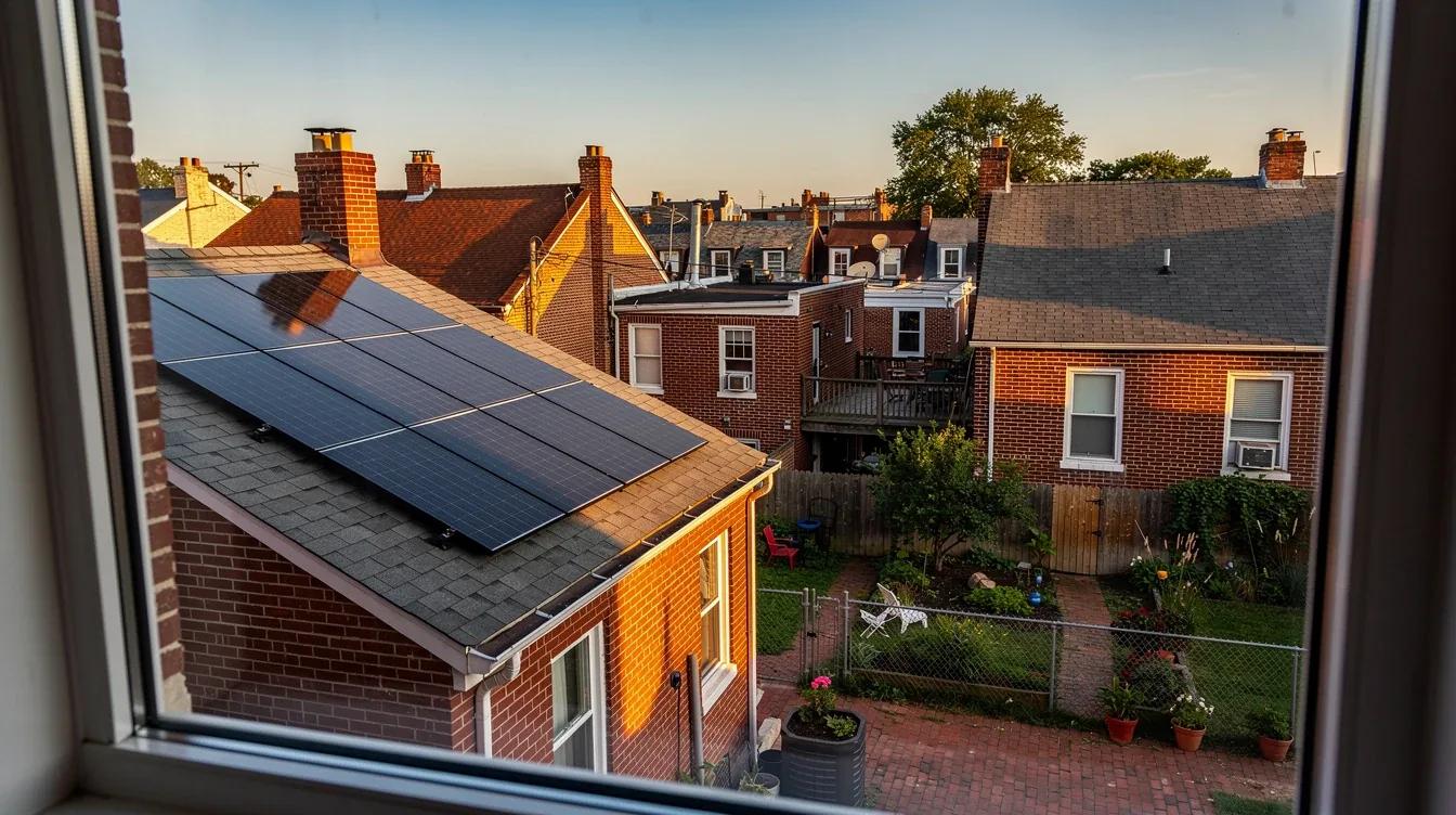 DC row house rooftop with conventional solar panels installed on the rear slope, viewed from a neighboring rooftop in Petworth
