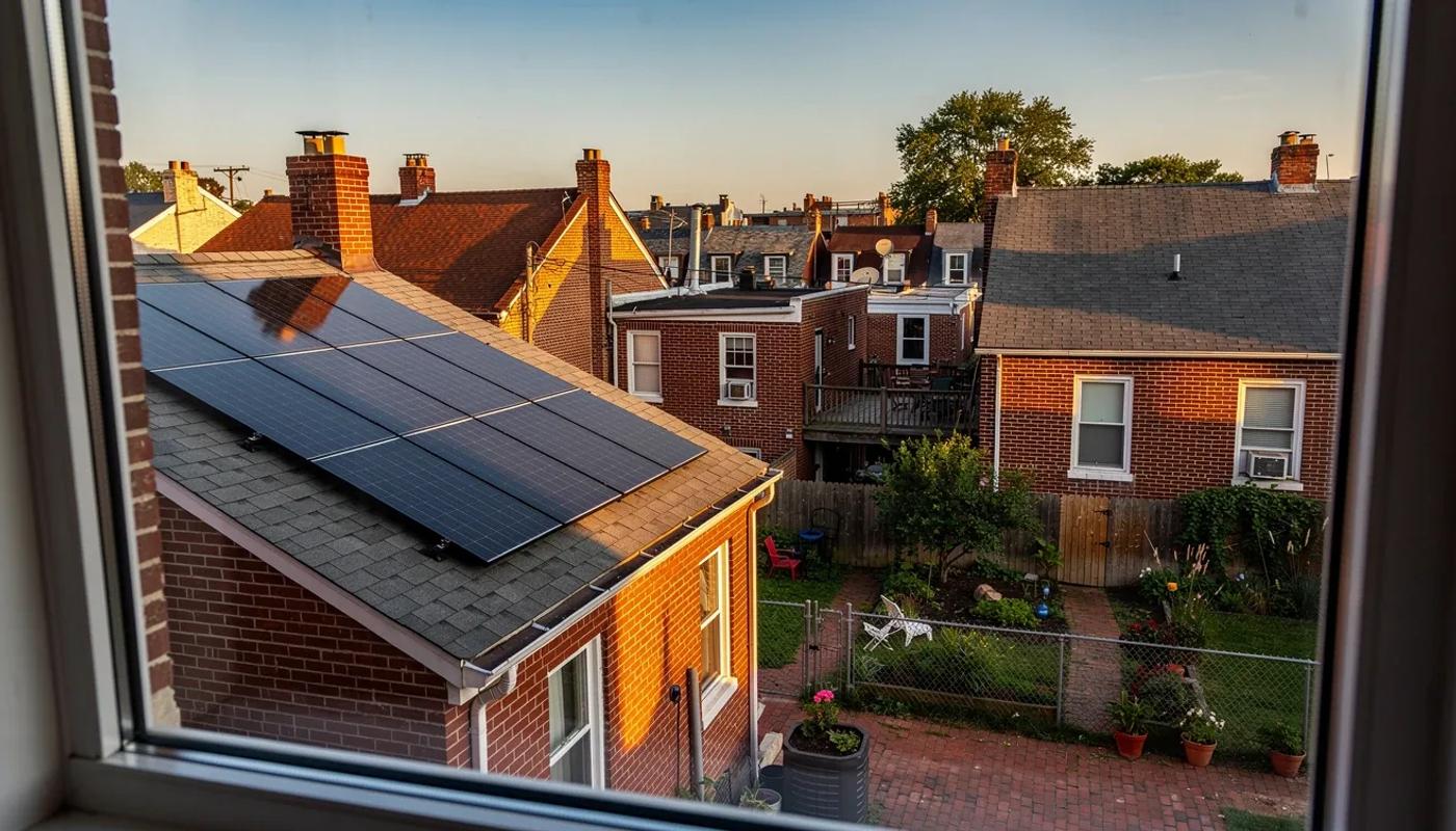 DC row house rooftop with conventional solar panels installed on the rear slope, viewed from a neighboring rooftop in Petworth