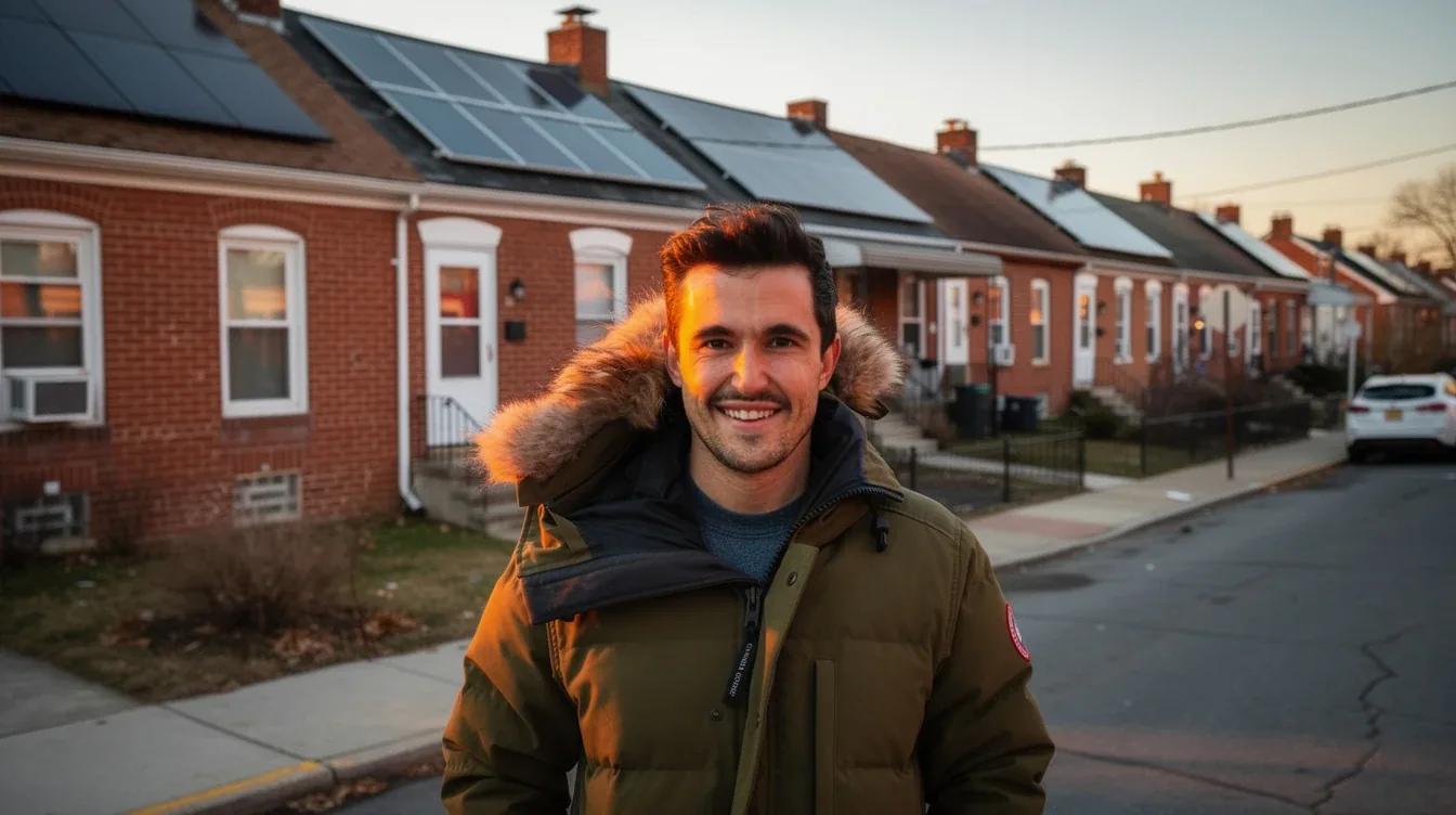 Income-qualified DC homeowner smiling in front of their row house with solar panels — DC solar rebate 2026