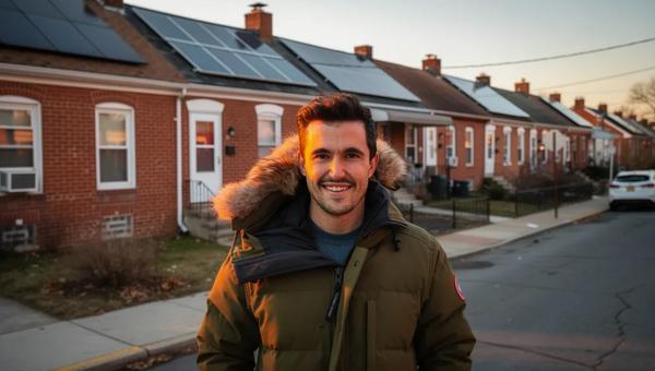 Income-qualified DC homeowner smiling in front of their row house with solar panels — DC solar rebate 2026