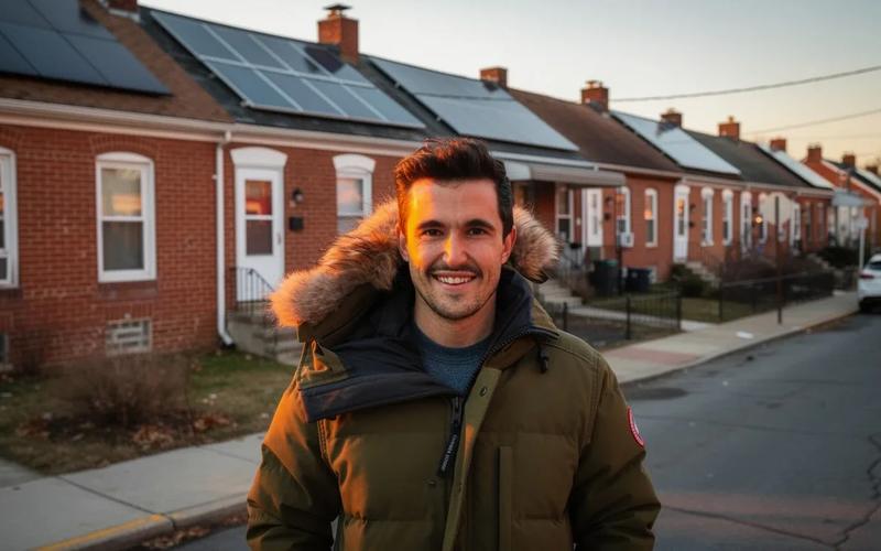 Income-qualified DC homeowner smiling in front of their row house with solar panels — DC solar rebate 2026