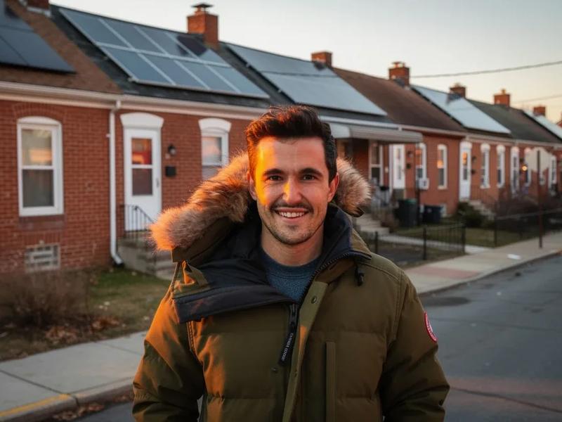Income-qualified DC homeowner smiling in front of their row house with solar panels — DC solar rebate 2026