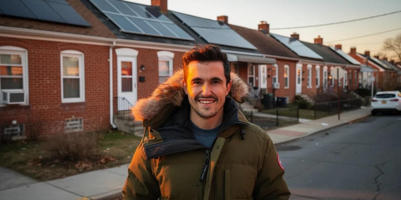 Income-qualified DC homeowner smiling in front of their row house with solar panels — DC solar rebate 2026