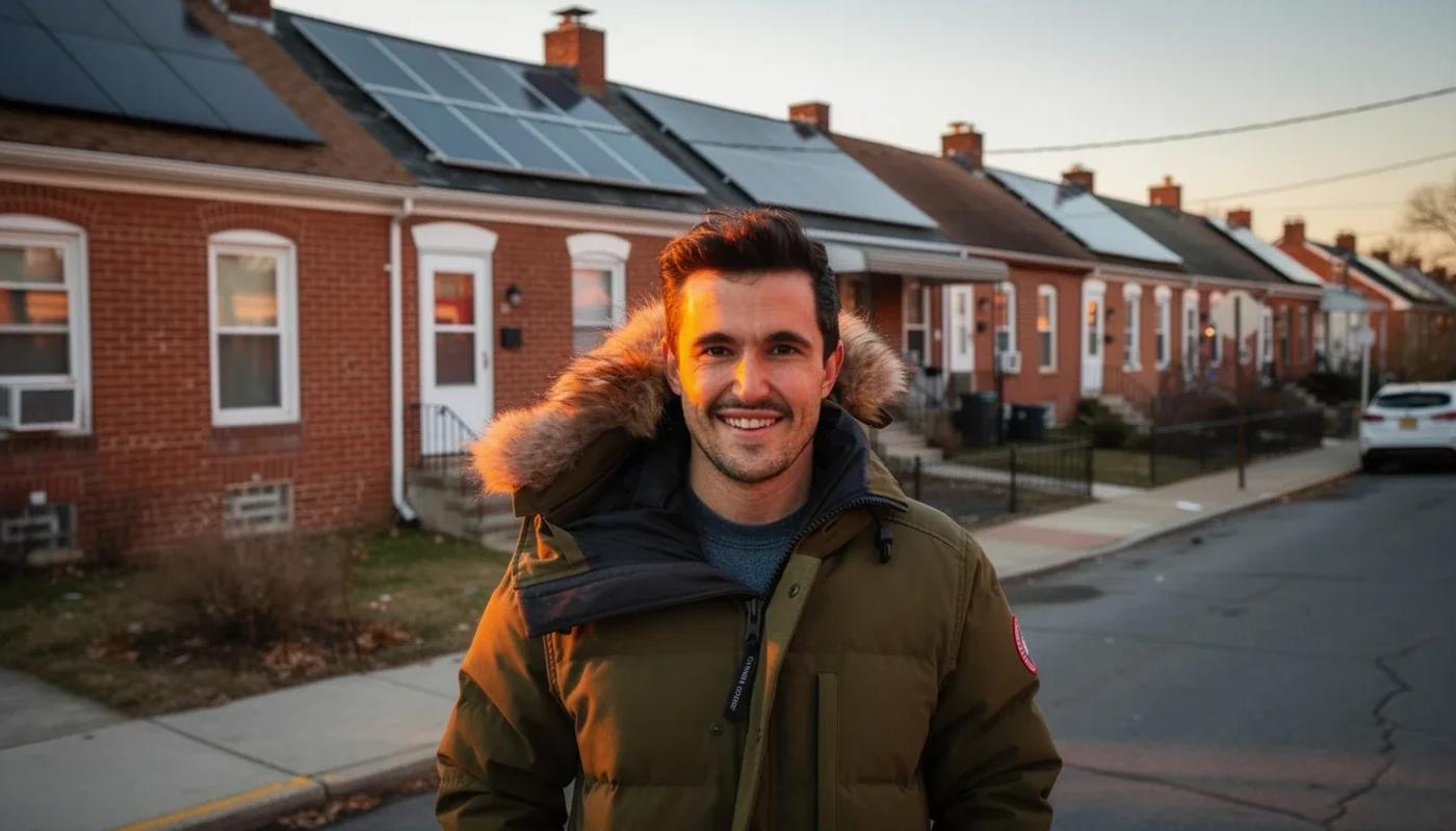 Income-qualified DC homeowner smiling in front of their row house with solar panels — DC solar rebate 2026