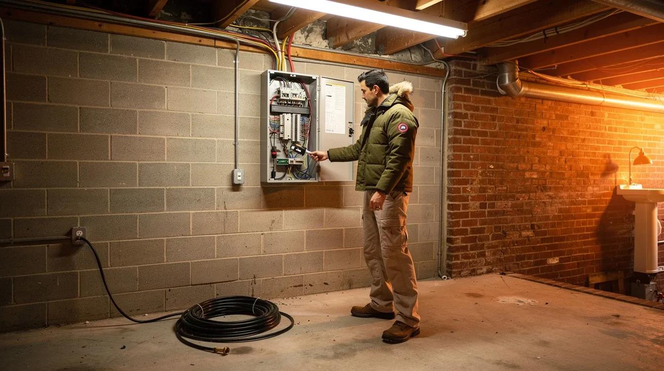 Electrical panel box open in a DC row house basement showing breakers and service wiring during a panel upgrade assessment