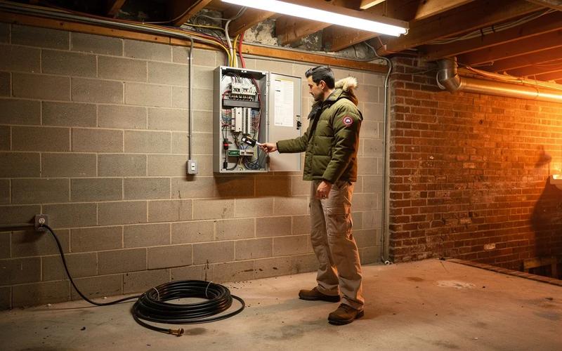 Electrical panel box open in a DC row house basement showing breakers and service wiring during a panel upgrade assessment