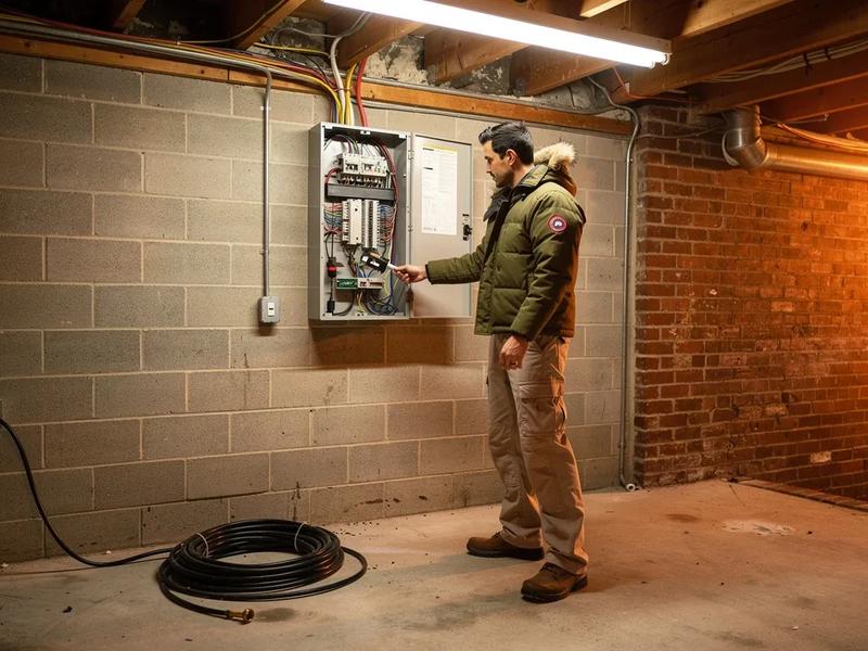 Electrical panel box open in a DC row house basement showing breakers and service wiring during a panel upgrade assessment