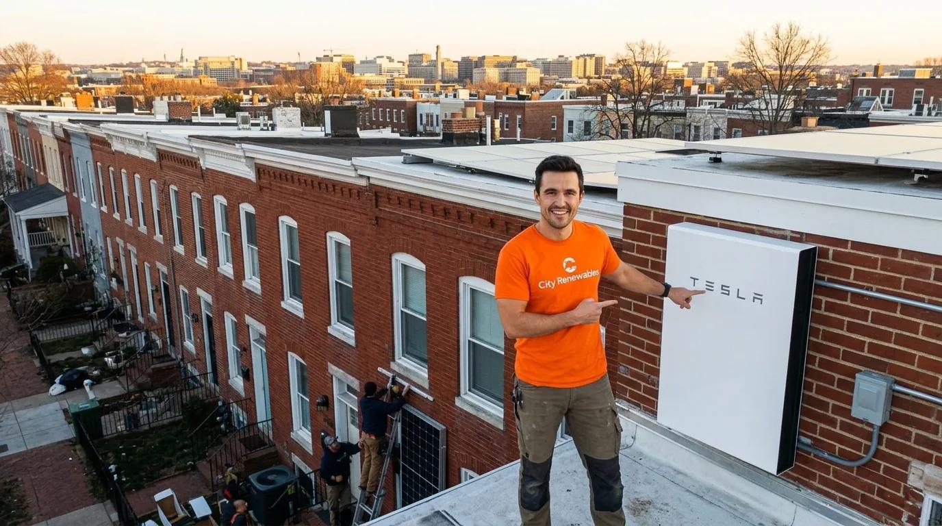 Home battery backup system installed on a Washington DC row house with solar panels