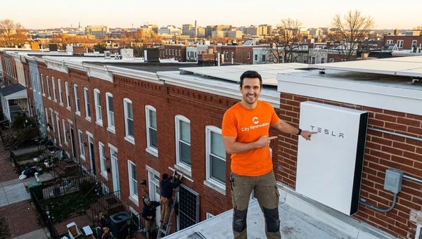 Home battery backup system installed on a Washington DC row house with solar panels