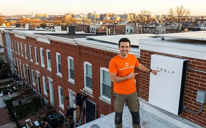 Home battery backup system installed on a Washington DC row house with solar panels