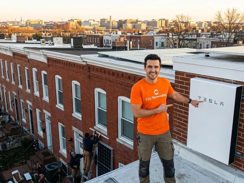 Home battery backup system installed on a Washington DC row house with solar panels