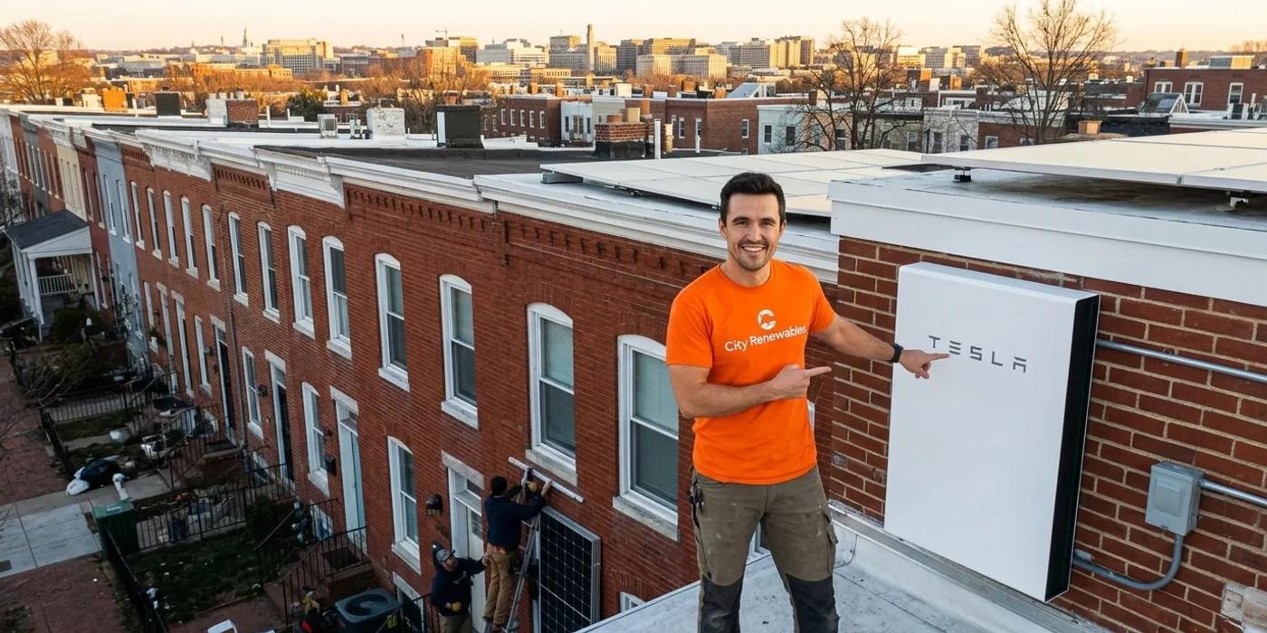 Home battery backup system installed on a Washington DC row house with solar panels
