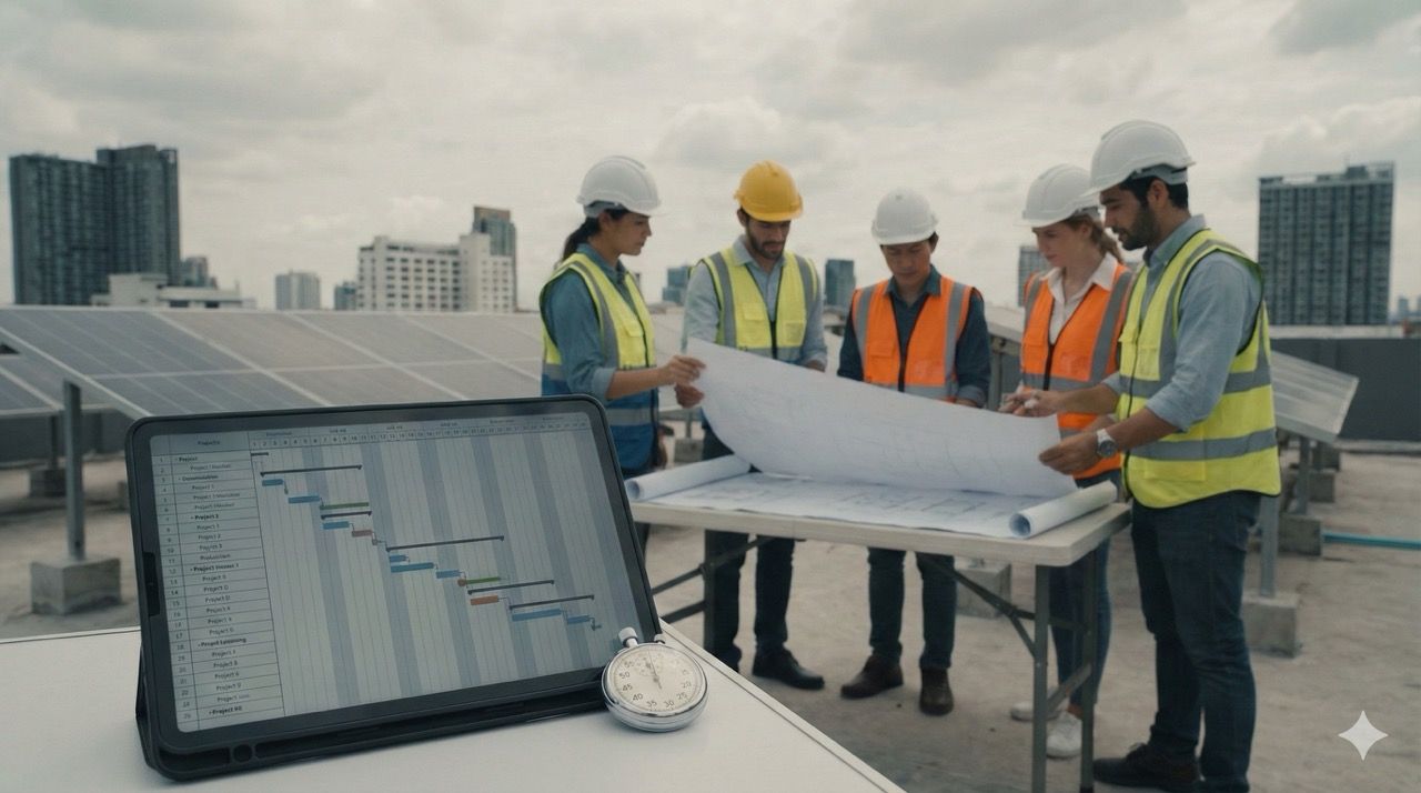 Construction team reviewing plans on rooftop.