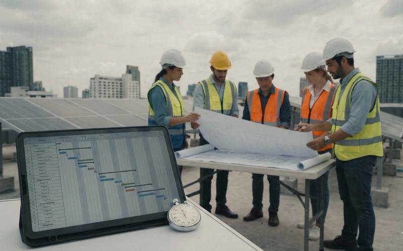 Construction team reviewing plans on rooftop.