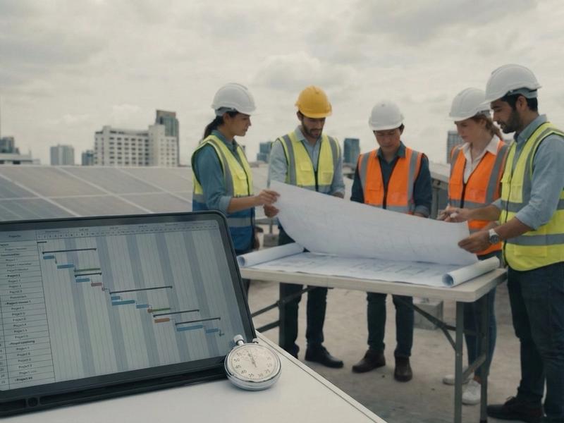 Construction team reviewing plans on rooftop.