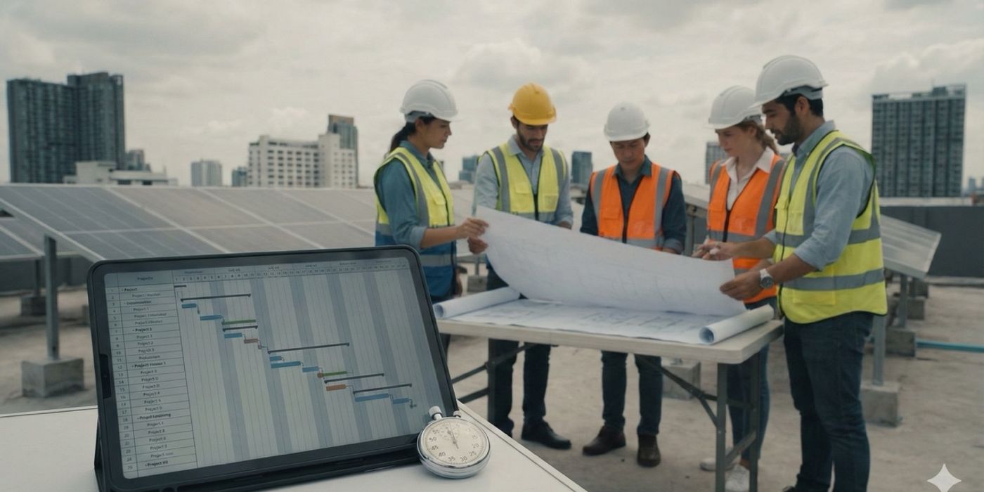 Construction team reviewing plans on rooftop.